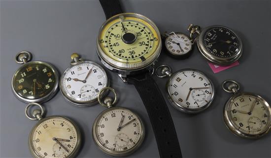 A divers watch, seven assorted pocket watches including Jaeger military and a fob watch.